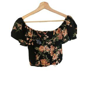 Xhilaration Black Floral Print Off the Shoulder Crop Top Ruffle Top Women's S